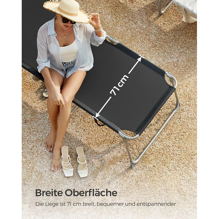 Songmics Sonnenliege mit Sonnenschutz, Kopfstütze & verstellbarer Rückenlehne, klappbar, 200 x 71 x 38 cm, Schwarz – Bild 4