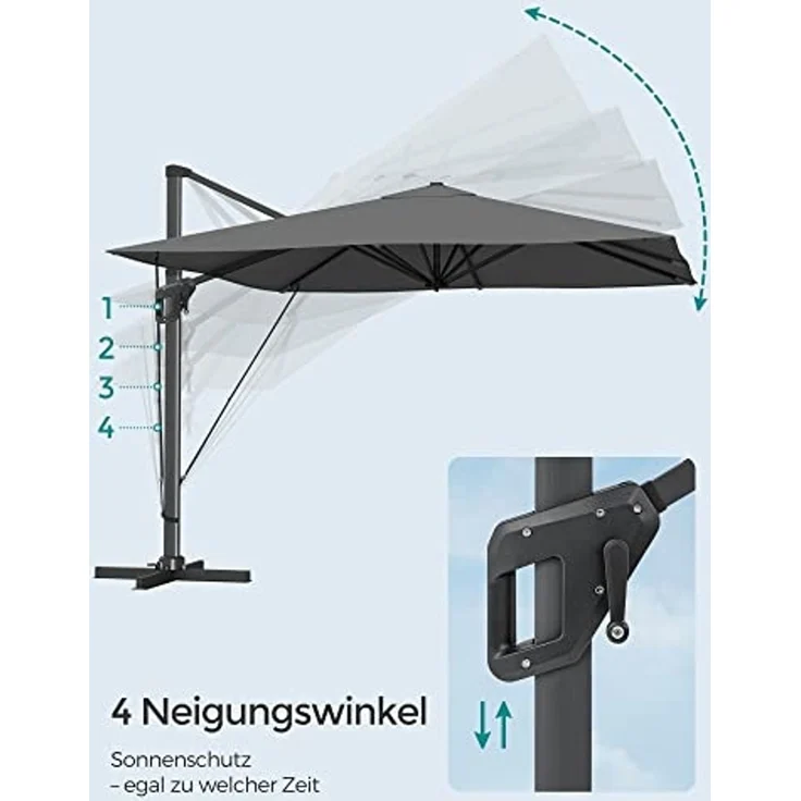 Songmics Sonnenschirm mit Ständer, 360° drehbar, UPF 50+, Rauchgrau, 253 x 290 x 290 cm – Bild 4