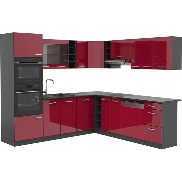 Eckküche R-Line Rot Hochglanz/Anthrazit 247 x 237 cm ohne Arbeitsplatte Vicco – Bild 1