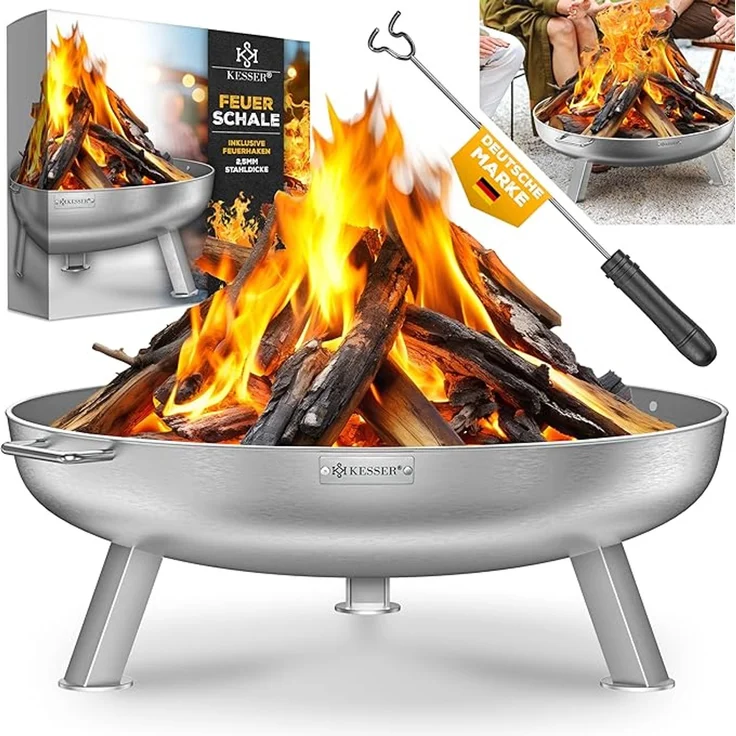 KESSER® Feuerschale mit 2,5 mm Stahldicke, aus Edelstahl / Stahl, inklusive 42cm Feuerhaken aus Gusseisen, Wasserablauf & 2 stabile Griffe, für Holz & Kohle, Ø 60 cm – Bild 1