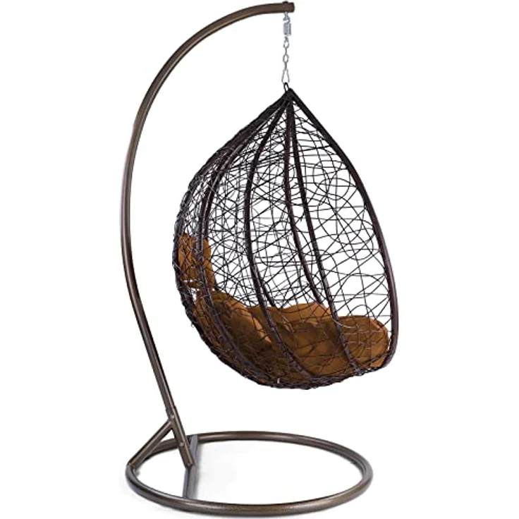 Luxus Hängesessel Miami XL Polyrattan mit Korb Gestell braun Kissen Hellbraun – Bild 2