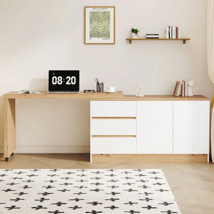 ZUBALIYA Schreibtisch mit feststellbaren Rollen – multifunktionales Design, 4 cm dickere, drehbare Tischplatte, fest arretierbar, weiß/Eiche, Faltbarer Schreibtisch, Eckschreibtisch, Sideboard,Dicke Materialie – Bild 4