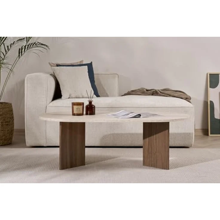 Modern Coffee Table, 119 x 40 x 60 cm, Travertine & Walnut Colors | 100% Melamine Coated Particle Board, 18 mm Thickness | Stylish & Functional Design for Contemporary Living Spaces – Bild 5