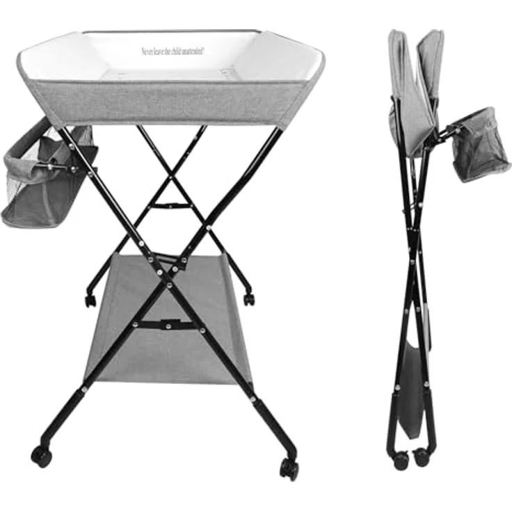 Wickeltisch Faltbar und Tragbar 3 in 1, max. Belastung 25 kg für neue, Wickeltisch mit Aufbewahrungskorb, Sicherheitsgurt und 4 Rollen mit Bremse, höhenverstellbar, 86 * 62 * 96 cm-grau – Bild 2
