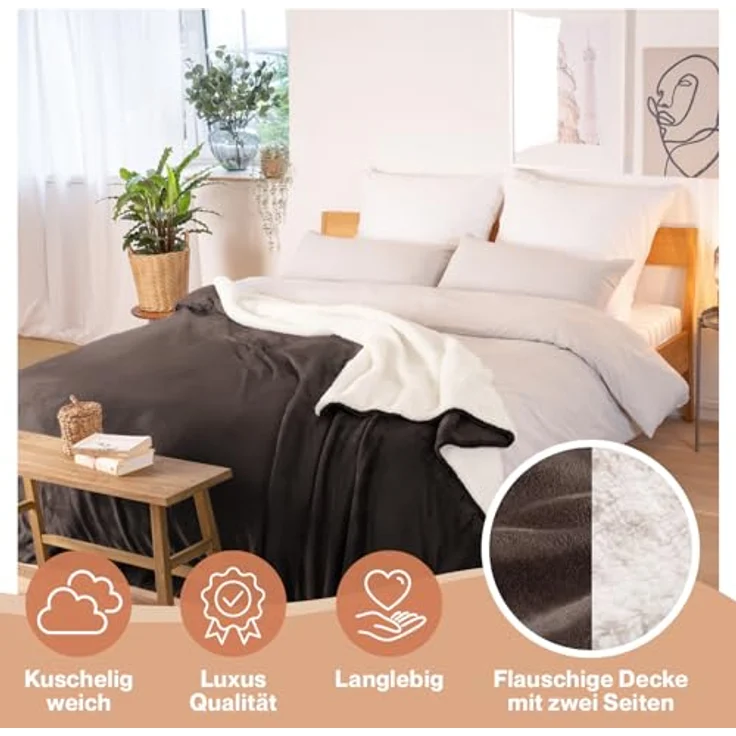 Blumtal Premium Sherpa Kuscheldecke flauschig - Wohndecke Kuscheldecke 130x150 cm - OEKO-TEX zertifizierte Fleecedecke 130x150 cm - Wohn- & Kuscheldecke - Wohndecke 130x150 - Plüschdecke - Dunkelbraun – Bild 4