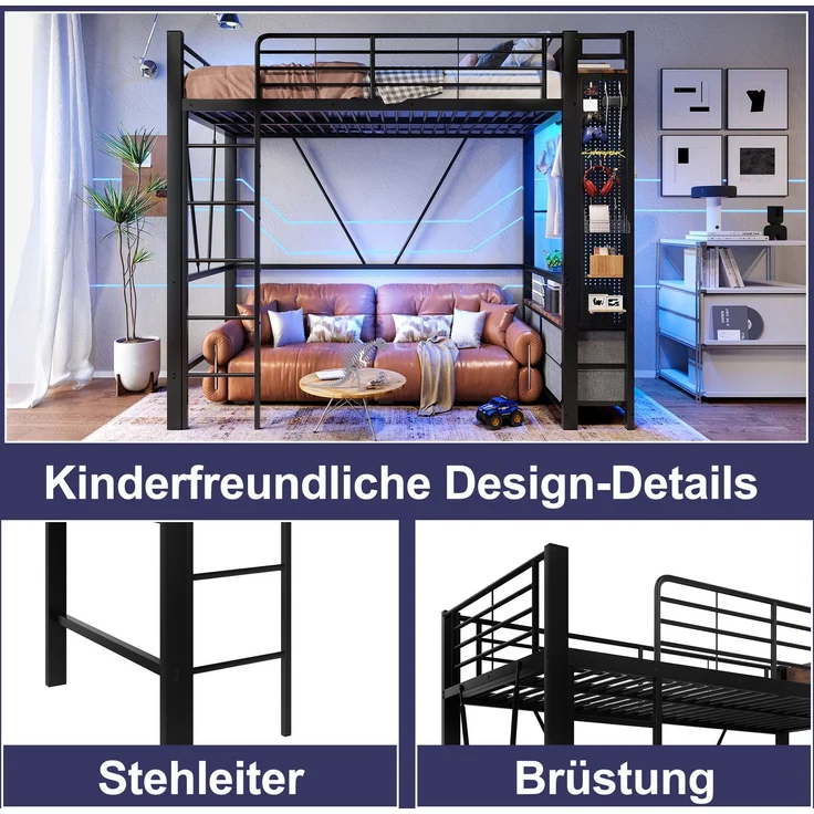 EINHOM Hochbett, 90 x 200 cm, Eisenrahmen, mit Trockenstab, mit Einlegeböden, 4 Schubladen, mit USB + Type-C, LED-Leiste, Geländer, Trittleiter, mit Lochbrett, Schwarz (Ohne Matratze) – Bild 4