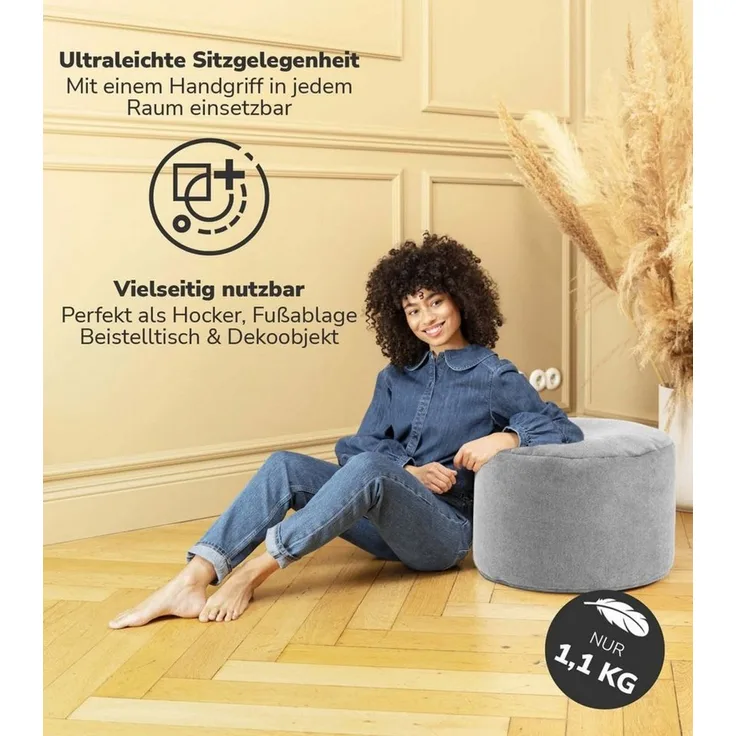mokebo Pouf Der Ruhepouf (rund und aus Webstoff), Sitz-Hocker, Bodenkissen, Fußhocker, Hocker, Sitzkissen in Grau