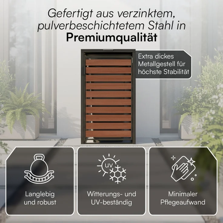 STEELSØN 'Kestra' Mülltonnenbox 1er 240 Liter, graphitschwarz mit Nußbaum-Holzoptik, Mülltonnenverkleidung aus Stahl, wetterfest, 116x80x69 cm, Müllbox für 1 Tonne – Bild 5