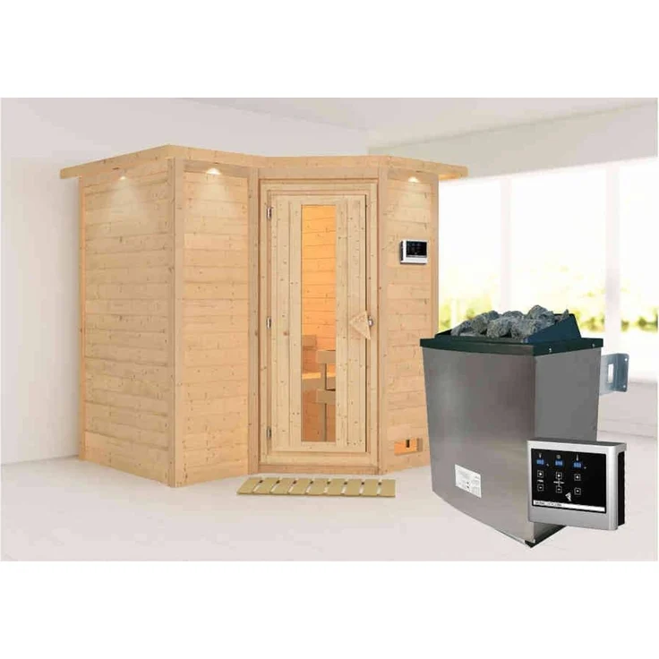 Karibu Sauna Sahib 1 mit Dachkranz + 9kW Saunaofen mit ext. Steuerung Easy Klarglas Ganzglastür – Bild 4