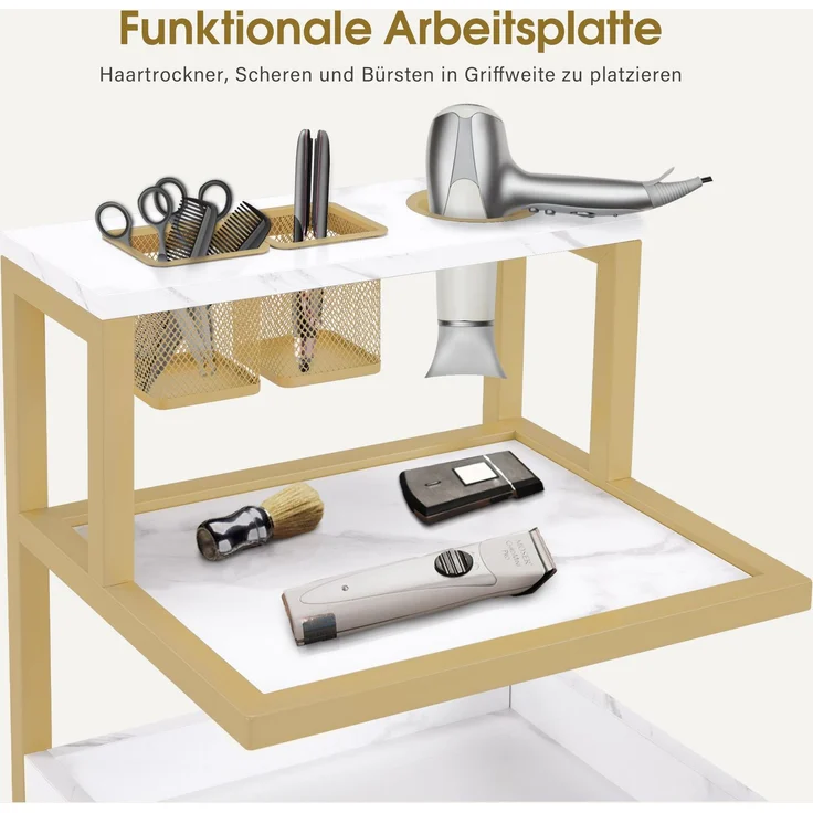 BarberPub Friseurwagen mit Rollen & 2 Schubladen, Rollwagen Servierwagen, Salon Trolley mit 2 Ablagen & Föhnhalter, Moderner Arbeitswagen für Bad Wohnzimmer, 32x37x87cm, Weiß-Gold, 0029 – Bild 4