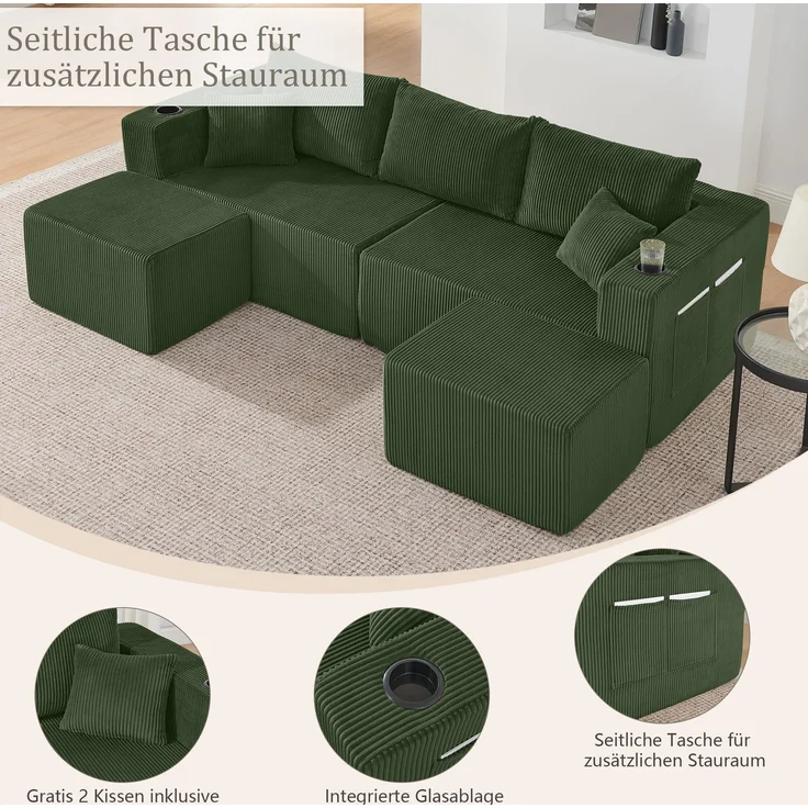 Ecksofa 3-Sitzer aus Cordstoff mit beweglichen Ottomanen, Getränkehaltern & Seitentaschen, 230×138×75 cm, Grün – Bild 8