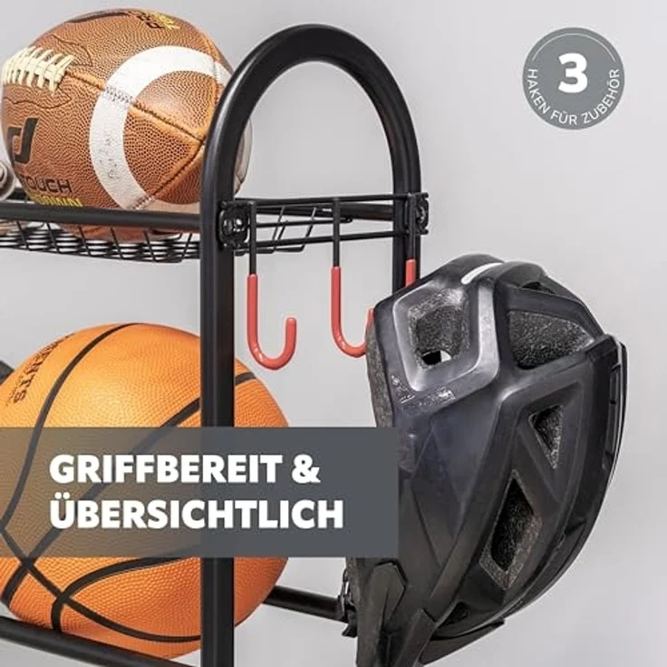 eluno Sportgeräte-Regalwagen Aufbewahrungsständer zur Aufbewahrung von Bällen, 0-tlg, mit seitlichen Haken und Baseballschlägerhalter – Bild 5