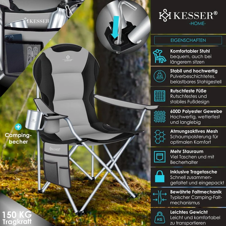 KESSER® Campingstuhl faltbar bis 150 kg Angelstuhl Faltstuhl Klappstuhl Gepolstert mit Armlehnen, Getränkehalter + Tasche mit hoher Rückenlehne, Strandstuhl, Klapphocker Grau / Schwarz – Bild 3