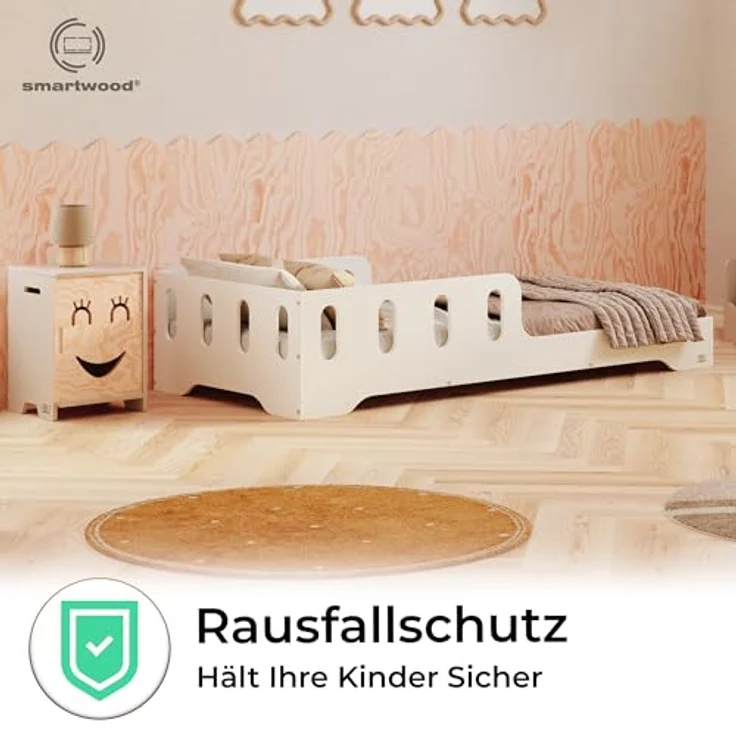 smartwood Kinderbett 70x140 cm in Weiß - Montessori Bodenbett mit Rausfallschutz & Lattenrost - Aus handbemaltem Sperrholz - Sicher für Jungen und Mädchen - Einfache Montage - TILA 6 – Bild 7