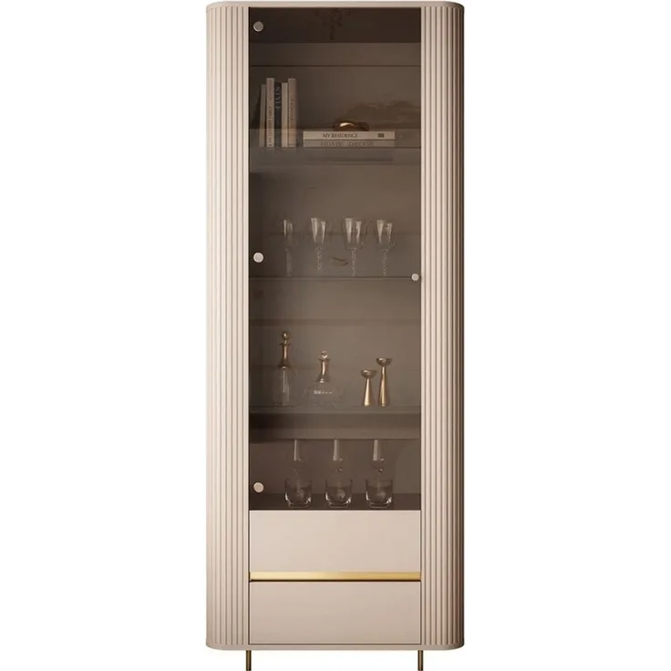 ALLHOUSE24 Vitrine MIRACLE Sandbeige, Glasvitrine, Rillenstruktur, Metallfüße (1x Vitrine) Breite 76 cm