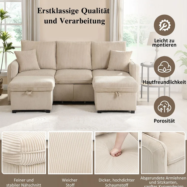DESVIAE Sofa mit Schlaffunktion und Stauraum, Cord-Stoff, Beige, 188 x 186 x 86 cm – Bild 5
