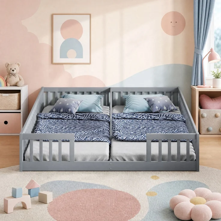 CHICFURN Bett aus Kiefernholz und MDF Grau 90x200 cm mit Sicherheitsgitter und Lattenrost – Bild 2