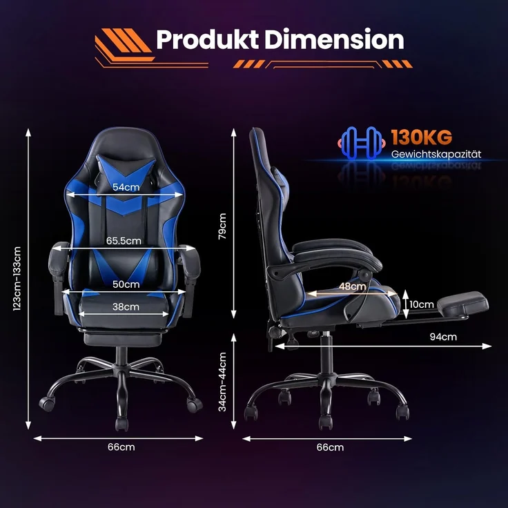 Sweetcrispy Gaming Stuhl, Gaming Chair mit Fußstütze Kopfstütze Lendenwirbelstütze, Ergonomischer PC Stuhl, Höhenverstellbarer Bürostuhl Computerstuhl, Gamer Stuhl, Drehbarer Schreibtischstuhl, Blau – Bild 3