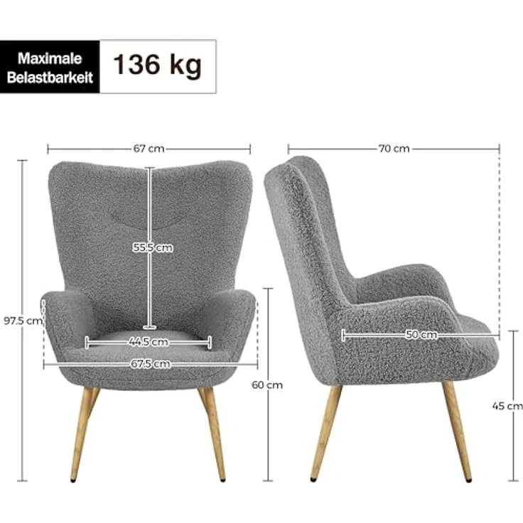Yaheetech Ohrensessel eleganter Armsessel Polsterstuhl mit klappbare Rückenlehne Lehnsessel bis 136 kg belastbar Sessel fürs Wohnzimmer/Schlafzimmer Grau – Bild 4