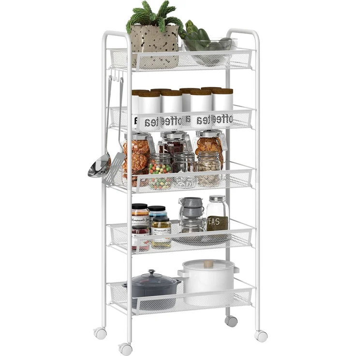 MELAYR, Küchenwagen mit 5 Drahtkörben, 4 Haken, 4 Rollen, 2 Griffe, Stahl/Kunststoff, 45x26.5x106 cm, Weiß – Bild 1