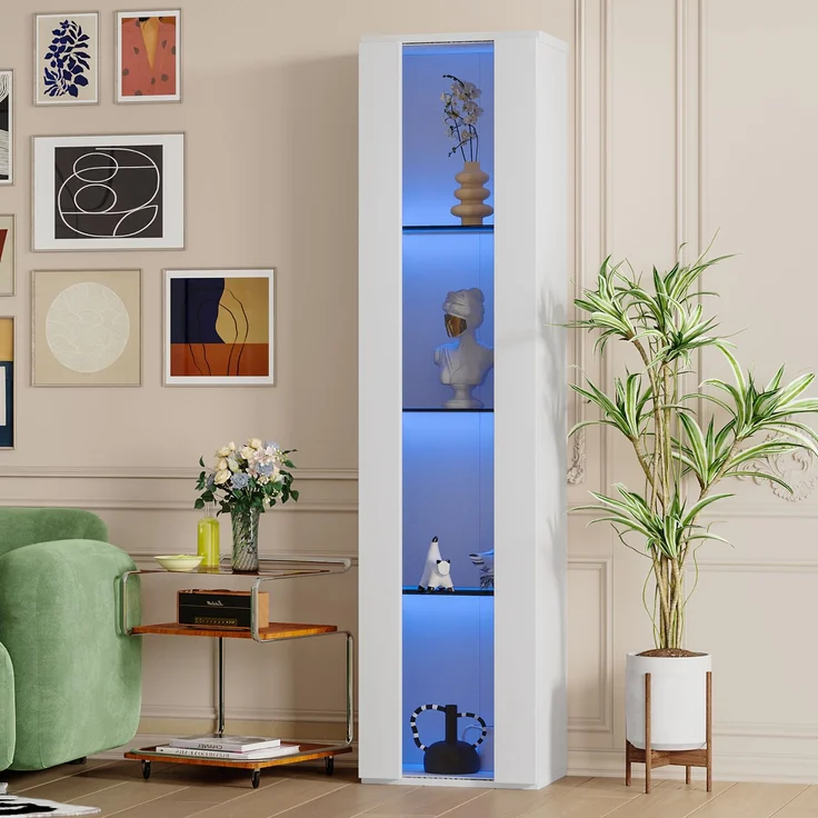40 x 29 x 170 cm, multifunktionale Vitrine, Glasböden, LED-Farbwechselbeleuchtung, APP-Steuerung, Acrylplatte, wandmontierbar, minimalistisches Design, weiß.--Weiß--40x29x170cm--YOUDENOVA – Bild 7