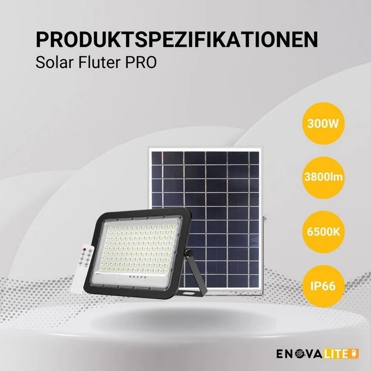 ENOVALITE LED Solarleuchte Solarstrahler PRO, LED-Fluter, 30 W PV, 3800 lm, 6500K, IP65, LED fest integriert, Tageslichtweiß, kaltweiß, steuerbar mit Fernbedienung, Solarfluter mit Akku – Bild 2