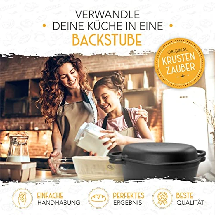 Krustenzauber Brotbackform 34cm Gusseisen Bräter mit Deckel backofengeeignet inkl. Gärkorb, (ovaler Gusseisen Topf Brot Backen - Ideal als Ofenform), Bräter Induktion, Brotbacktopf, Brot Backen Zubehör – Bild 3