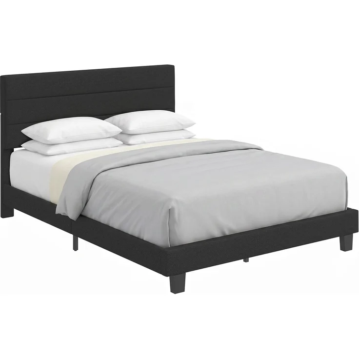 Doppelbett 164 x 208 cm aus Stoff in Leinenoptik mit verstellbarem Kopfteil, 208.0×164.0×112.0cm, Schwarz, MELAYR – Bild 2