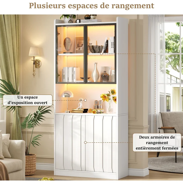 80x35x200cm LED Vitrine, Hochschrank mit Glasschranktüren, Hochschrank Glasvitrine mit LED und Offene Partition,Wohnzimmerschrank mit Glastüren, Küche, Arbeitszimmer, Eingangsbereich,Weiß--Weiß--80x35x200cm--YOUDENOVA – Bild 9