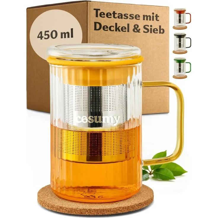 Cosumy Teeglas Teetasse mit Deckel und Sieb 450ml Gelb, 1-tlg, Borosilikatglas, Edelstahl, Kork, Edelstahlfilter