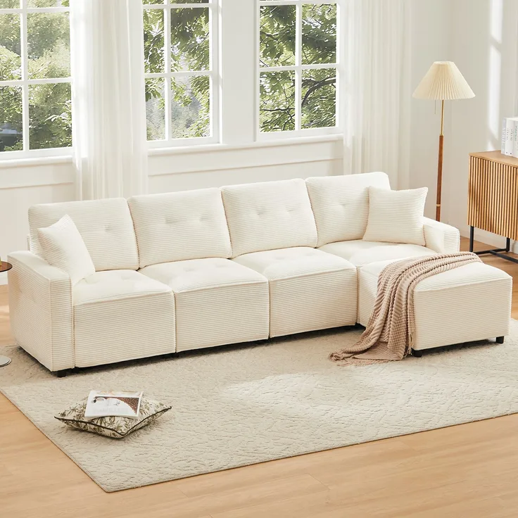 4-Sitzer Wohnlandschaft B 280 x T 146 x H 85 cm aus Cord mit Stauraum und flexiblem Hocker