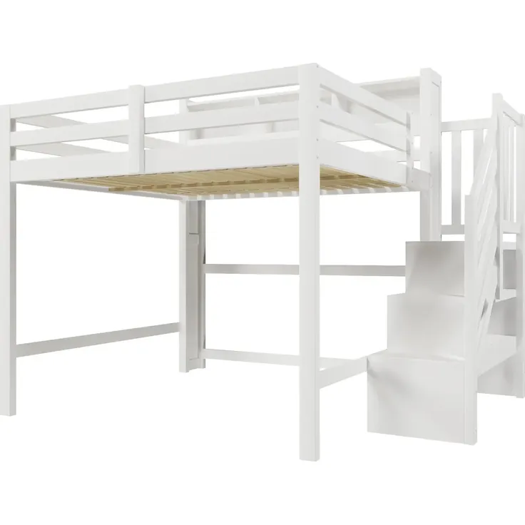 Hochbett mit RGB LED-Streifen, Stauraum, Lattenrost, Rausfallschutz und Regal, Treppe mit Regal, 140x200 cm, Kinderbett, Kiefer – Bild 9