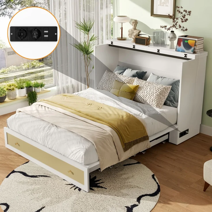 Schrankbett 140x200 cm mit USB-Anschluss und Steckdose,Weiß, MDF, umbaubares Plattformbett mit großem Stauraum, Klappbett – Bild 5