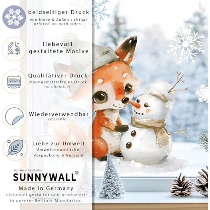 Sunnywall Fensterdekoration Kinderzimmer Fensterbild Winter Fuchs, wiederverwendbar, statisch haftend, beidseitiger Druck – Bild 6