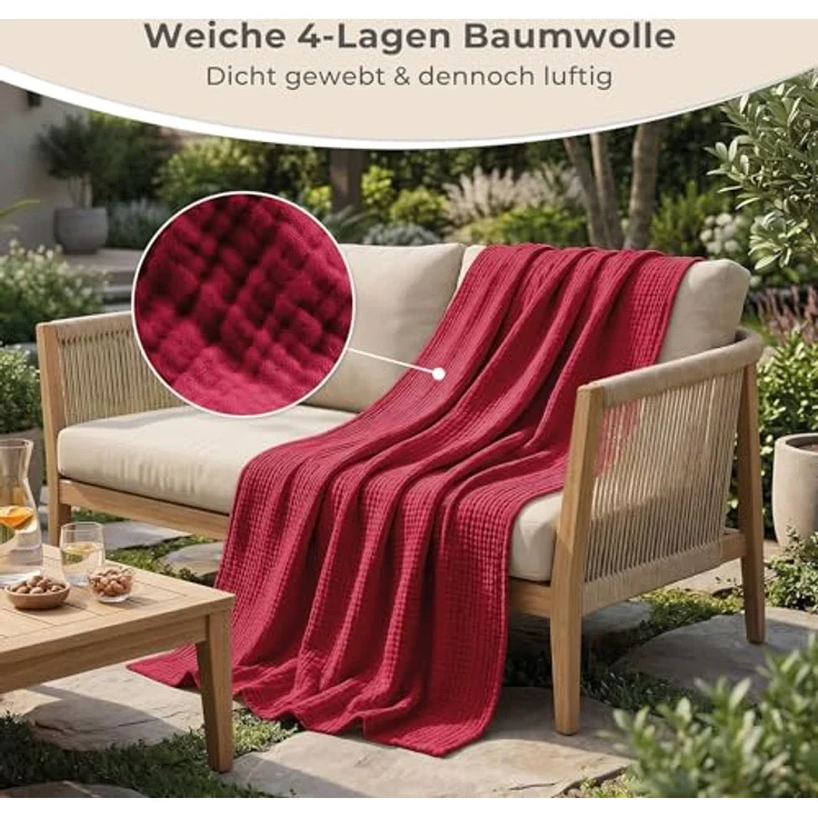 LAYNENBURG Premium Musselin Tagesdecke 180x220 cm - 100% Baumwolle - extraweiche Baumwolldecke als Kuscheldecke, Bett-Überwurf, Sofa-Überwurf, Couch-Überwurf - warme Sofa-Decke (Bordeaux) – Bild 8