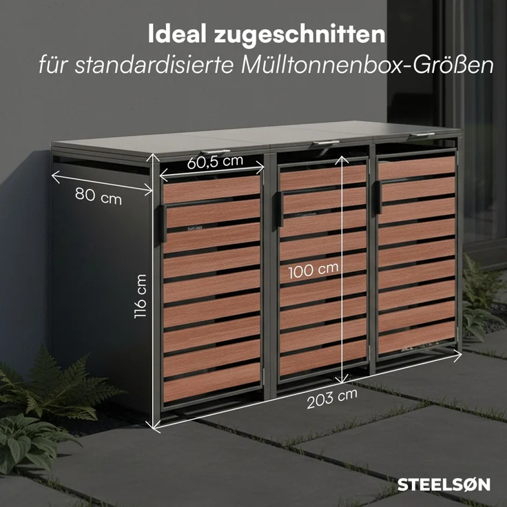 STEELSØN 'Kestra' Mülltonnenbox 3er je 240 Liter, graphitschwarz mit Nußbaum-Holzoptik, Mülltonnenverkleidung aus Stahl, wetterfest, 116x80x203 cm, Müllbox für 3 Tonnen – Bild 6