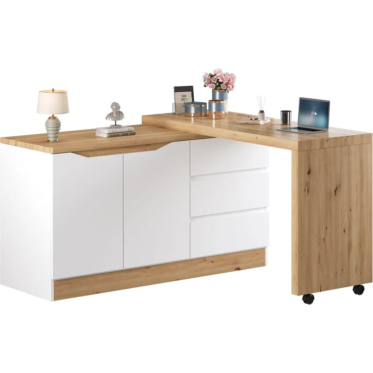 ZUBALIYA Schreibtisch mit feststellbaren Rollen – multifunktionales Design, 4 cm dickere, drehbare Tischplatte, fest arretierbar, weiß/Eiche, Faltbarer Schreibtisch, Eckschreibtisch, Sideboard,Dicke Materialie – Modell N880P4642134O – Bild 8