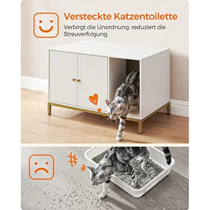 Feandrea Katzenklo-Schrank, Katzenhaus, Katzentoilette, mit Kratzmatte, hohe Beine, für Katzen, Beistelltisch, 80 x 50 x 55 cm, weiß-goldfarben PCL007W01 – Bild 9