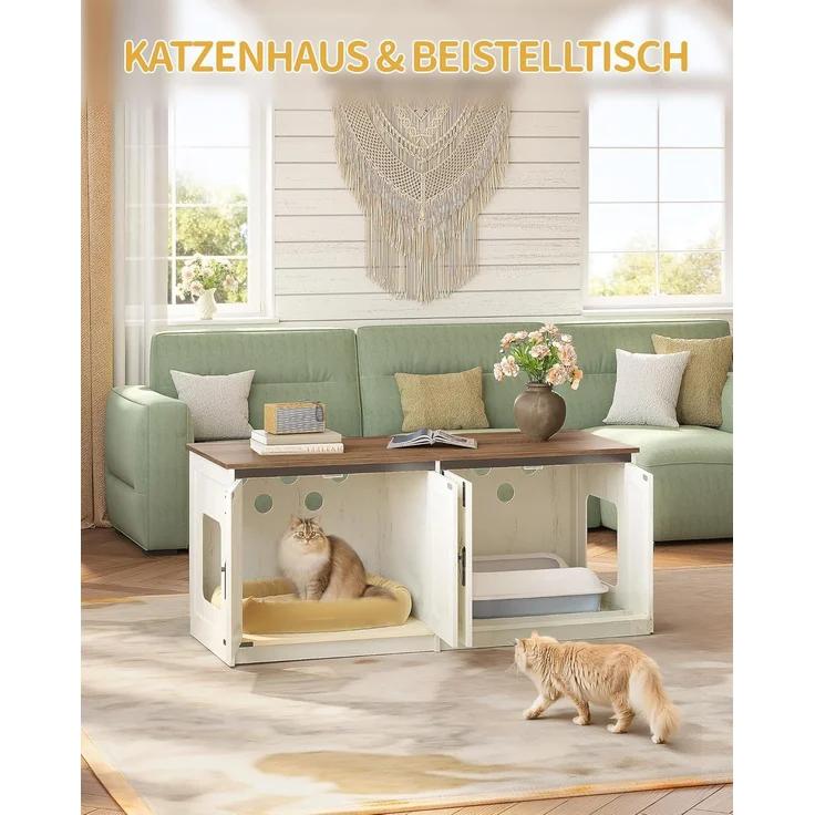Katzenschrank, Katzenklo Schrank für 2 Katzen, Versteckter Katzentoilettenschrank, Katzenhaus für den Innenbereich, Bauernhausstil, 119 x 48 x 53,5 cm, Braun und Weiß – Bild 6