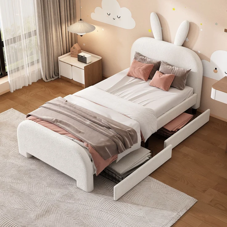 Kinderbett 90x200 Weiß mit Kaninchen-Kopfteil und 2 Schubladen,Gepolstertes Bett aus Lammwolle und MDF, Cartoon Bunny Design – Bild 2