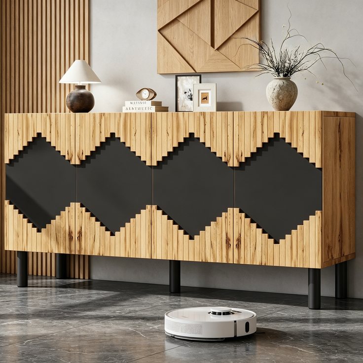 ZUBALIYA Sideboard 140x40x70 cm, mit 2 Türen, aus MDF / Spanplatte, Natur / Schwarz – Bild 10