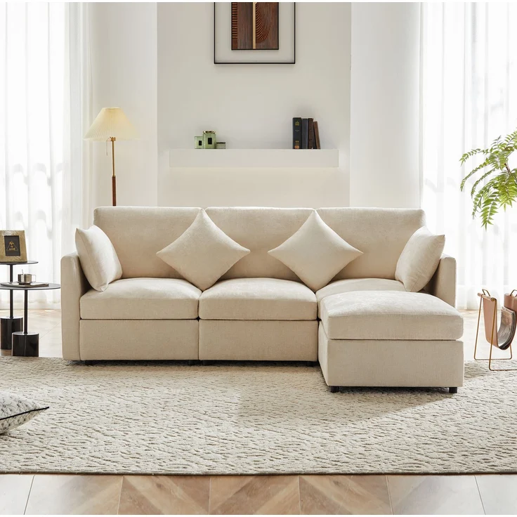 DESVIAE Sofa modular mit Hocker und 4 Kissen 216x81x161 cm Chenille Beige – Bild 3