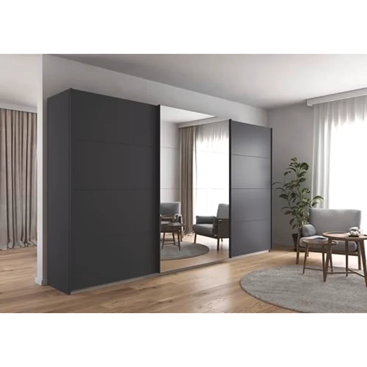 Rauch Möbel Kulmbach, Kleiderschrank mit Schwebetüren für Schlafzimmer, Kinderzimmer, Jugendzimmer, Garderobe, Flur, 3-türig, mit Spiegel, Zubehör Basic, Farbe Grau metallic, Schwarz, Breite 360 cm – Bild 2
