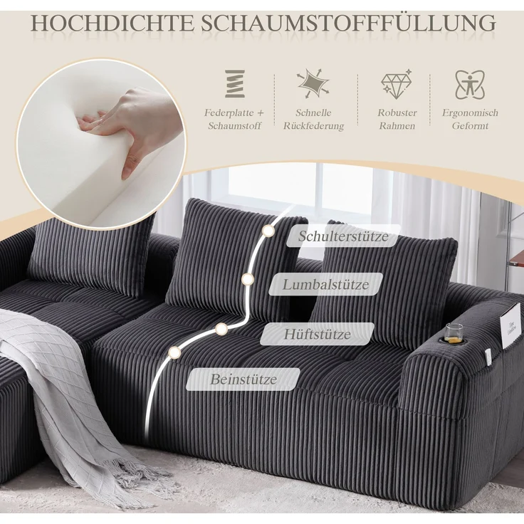 LVHOM Ecksofa 3 sitzer, Bodensofa mit Seitentaschen und Getränkehalter, Polstersofa aus Cordstoff, frei Kombination, Modulares Chaiselongue-Sofa-Set, 253x158x61 cm – Bild 5