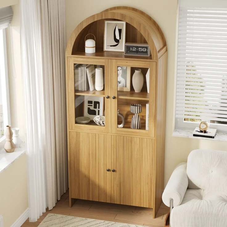 Sideboard mit Bogendecke , Vitrine mit Glastüren , Geschlossener Aufbewahrungsschrank mit Wellenmuster , Wohnzimmerschrank--Natürlich--78x40x176cm--YOUDENOVA – Bild 5