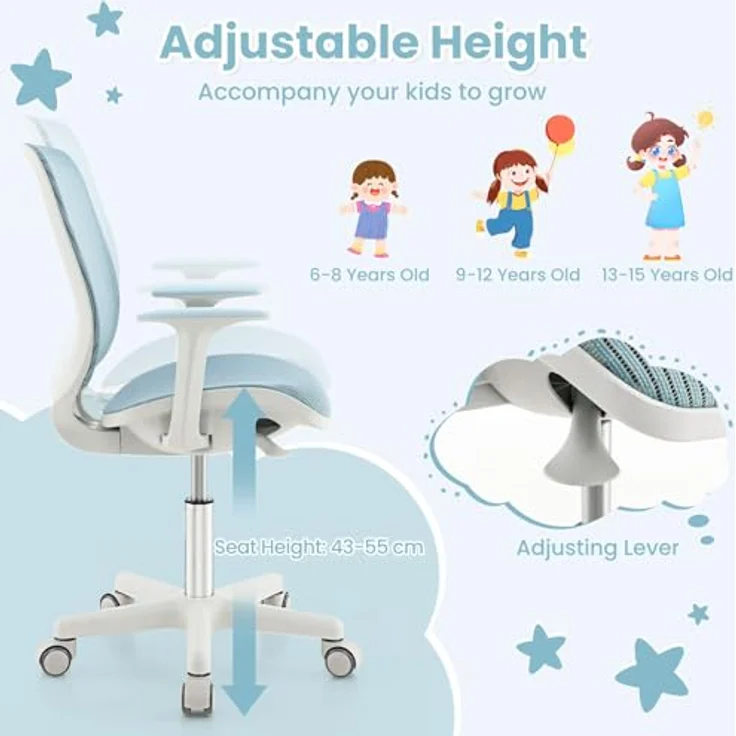 FANTASK Schreibtischstuhl Kinder, Schreibtisch Höhenverstellbar 43-55cm, 360° Drehstuhl mit Rückenlehne & Armlehnen & Rädern, Bürostuhl Ergonomisch für Kinder 6-15 Jahre (Blau) – Bild 5