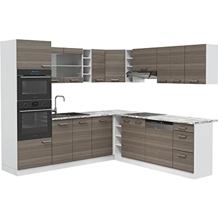 Vicco Eckküche L-Form, Braun und Weiß, Holzwerkstoff, 247x81.6x60 cm, ohne Geräte – Bild 1