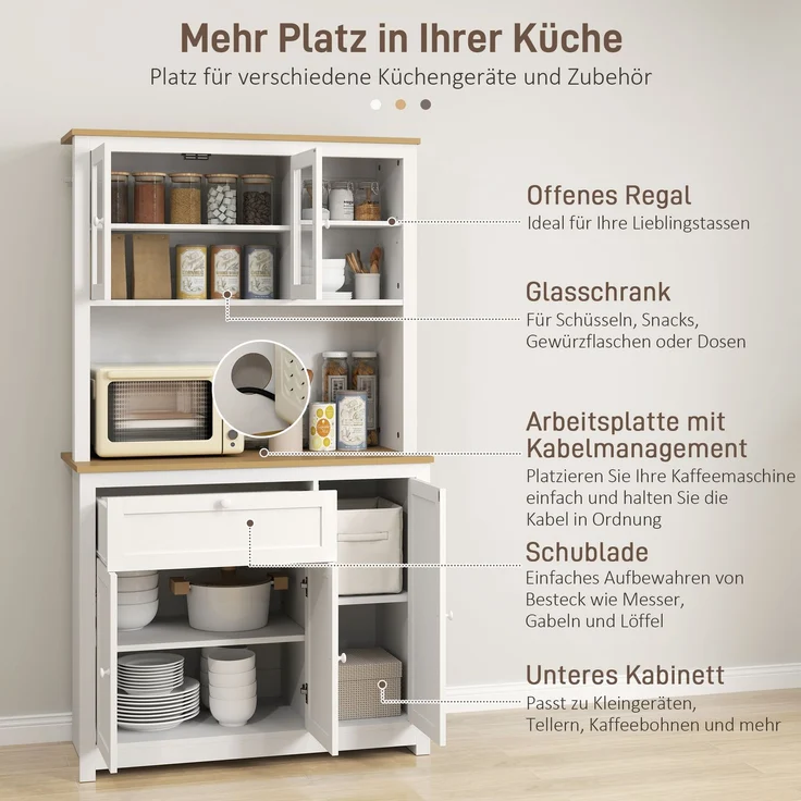 MELAYR, Küchenschrank im Landhausstil, 1 Vitrine, 1 offenes Regal, 1 Schublade, 2 Schränke, 100 x 40 x 180 cm, Weiß – Bild 6