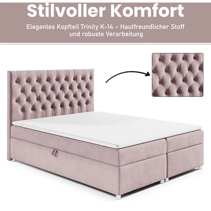 Best For Home Boxbett Trinity K-14, Rosa, 200x200 cm, Boxspringbett mit Bettkasten und 18 cm Matratzenhöhe – Bild 4