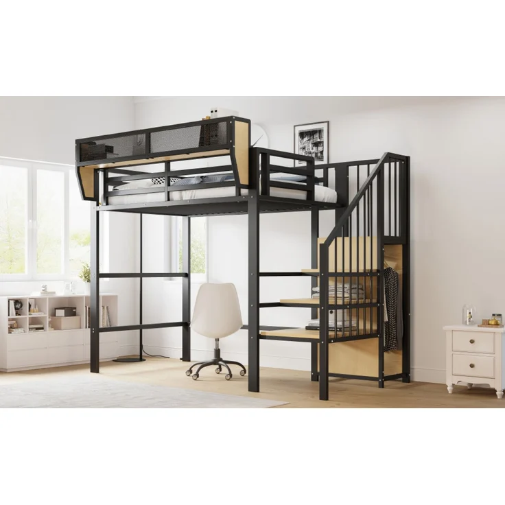 Merax Hochbett 90x200cm, Etagenbett, Kinderbett mit Sicherheitsleiter und flexiblem Staufach, Metallbett, Schwarz – Bild 5